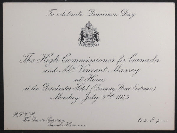 1945 WW2 London UK invitations Dominion Day, Canada High Commissioner