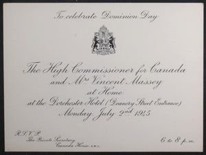 1945 WW2 London UK invitations Dominion Day, Canada High Commissioner