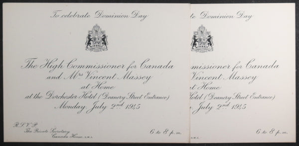 1945 WW2 London UK invitations Dominion Day, Canada High Commissioner