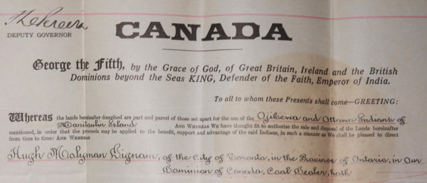 1929 Canada Federal Indian Land Sale Manitoulin Island (ON)