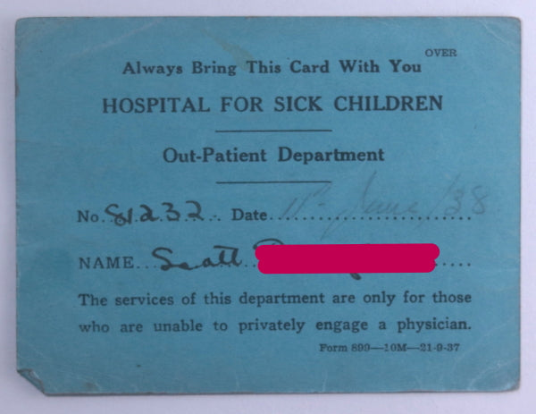 1938 Canada Toronto Hospital for Sick Children Patient card