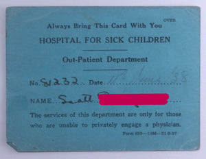 1938 Canada Toronto Hospital for Sick Children Patient card
