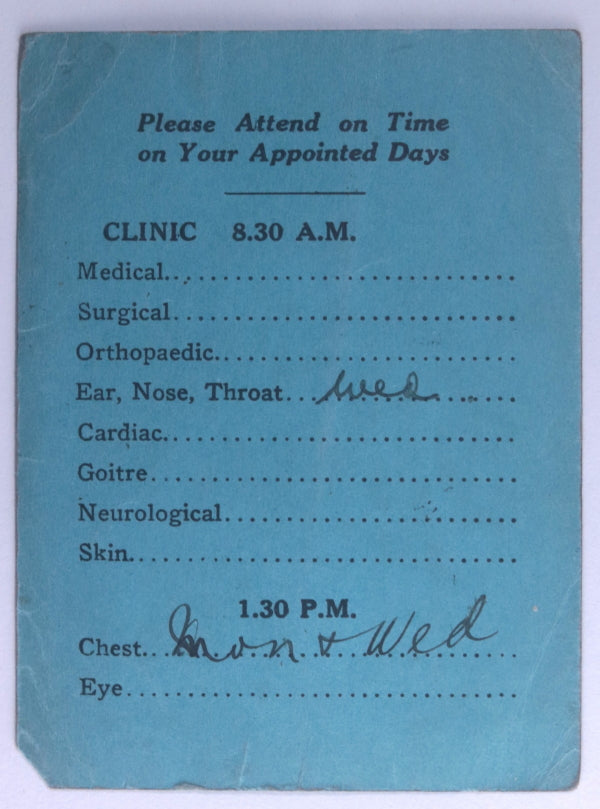 1938 Canada Toronto Hospital for Sick Children Patient card