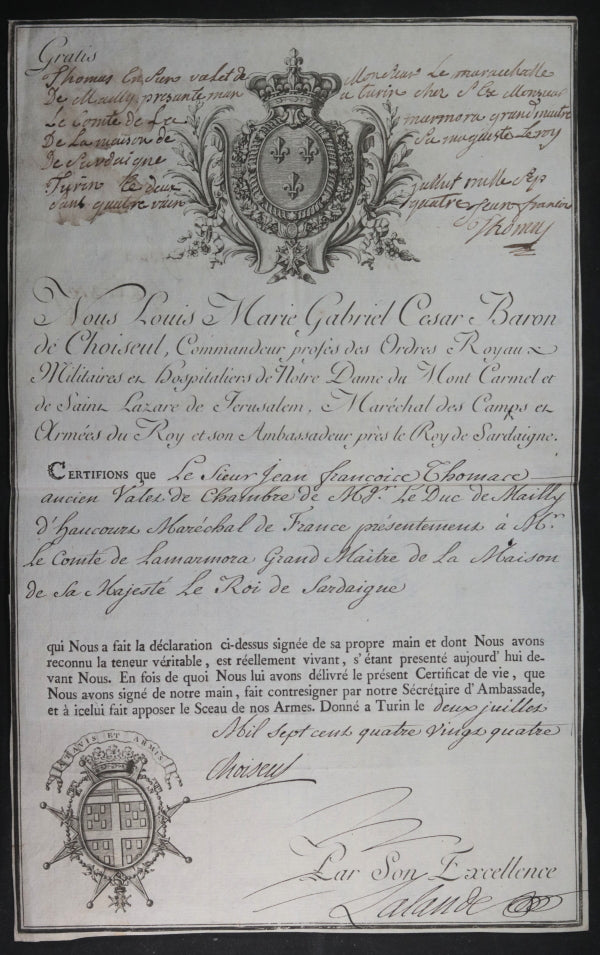 1784 Baron de Choiseul Maréchal Mailly certificat valet Sardaigne