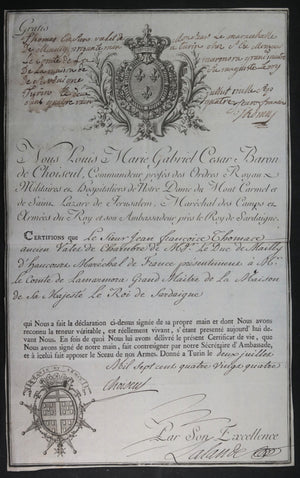 1784 Baron de Choiseul Maréchal Mailly certificat valet Sardaigne