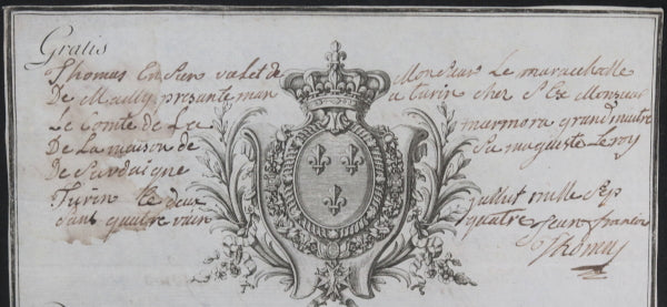 1784 Baron de Choiseul Maréchal Mailly certificat valet Sardaigne