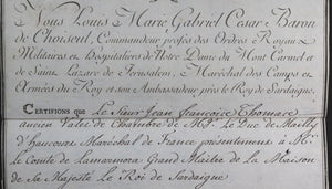 1784 Baron de Choiseul Maréchal Mailly certificat valet Sardaigne