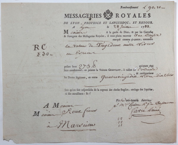 1788 Messageries Royales, caisse de monnaie Lyon à Marseille