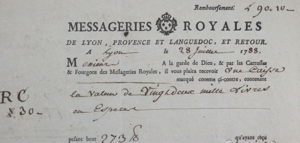 1788 Messageries Royales, caisse de monnaie Lyon à Marseille