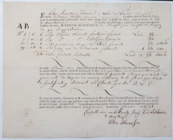 1791 France connaissement maritime vin, Cette à Amsterdam