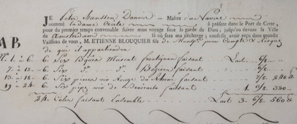 1791 France connaissement maritime vin, Cette à Amsterdam