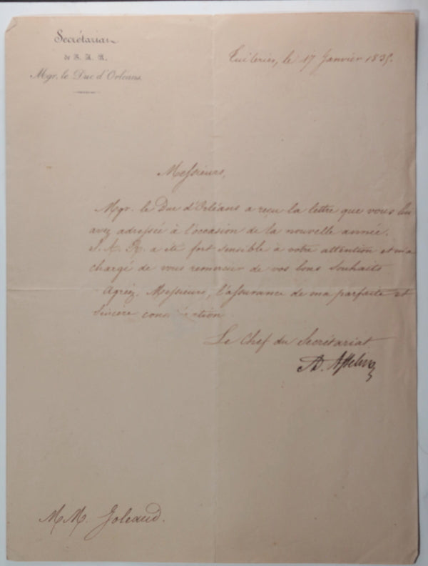 1835 Paris remerciement nouvel an Secrétariat S.A.R. Duc d’Orléans