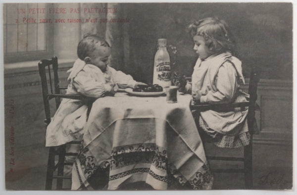 1905 France deux CPA humoristiques, fille et son petit frère
