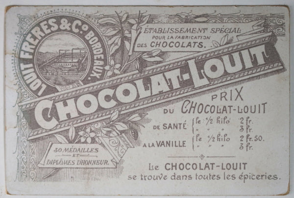 c. 1900 France carte publicité chromolitho Chocolat Louit Bordeaux