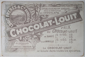 c. 1900 France carte publicité chromolitho Chocolat Louit Bordeaux