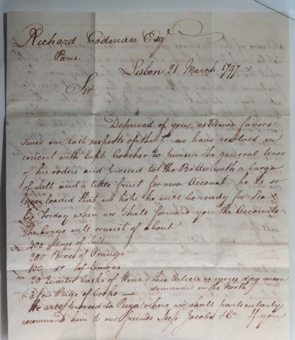 1797 Portugal letter to Richard Codman American merchant in Paris