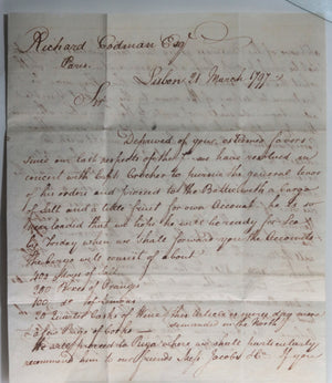 1797 Portugal letter to Richard Codman American merchant in Paris