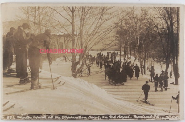 1934 Canada RPPC photo postcard, skiers on Mount Royal Montreal