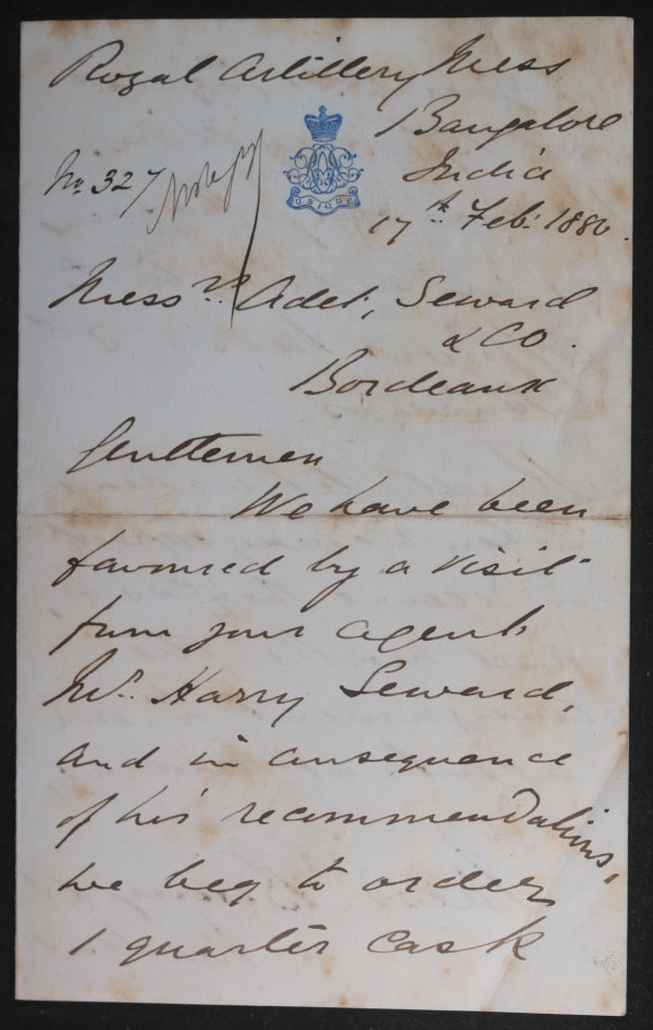 1880 India Bangalore Royal Artillery Mess (UK) Bordeaux cognac order