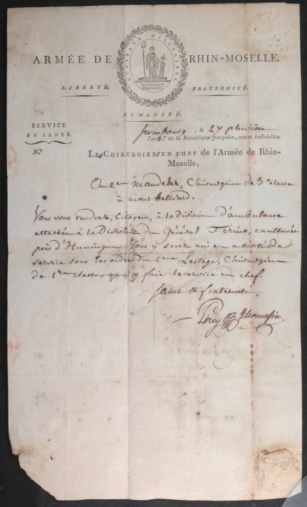 1797 France lettre de Percy fameux chirurgien en chef militaire