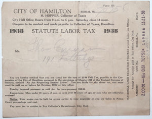 1936/38 Canada Hamilton ON two (2) Stature Labor Tax invoices