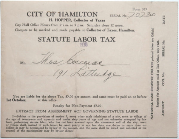 1936/38 Canada Hamilton ON two (2) Stature Labor Tax invoices