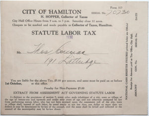1936/38 Canada Hamilton ON two (2) Stature Labor Tax invoices