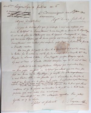 1798 France Lyon certificat enregistrement 85e demi B. Armée Orient