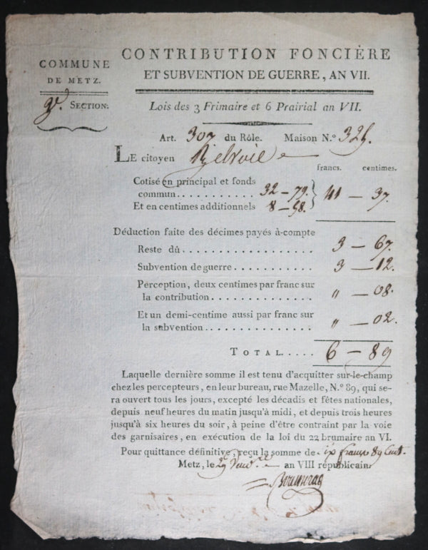 18e/19e France Metz et Paris, qt. 4 contributions foncières