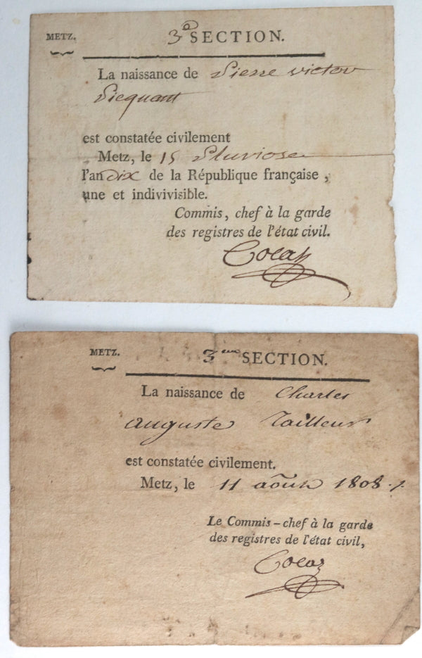 1802/1808 Metz deux billets naissance constatés civilement
