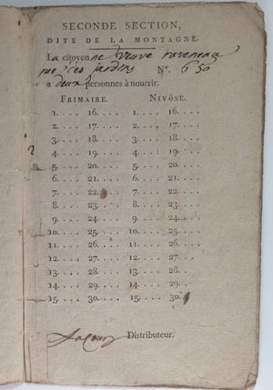 1794 Paris Révolution Section Montagne carnet de nourriture pour veuve