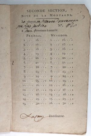 1794 Paris Révolution Section Montagne carnet de nourriture pour veuve