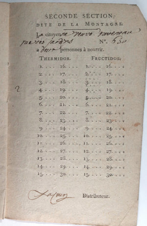 1794 Paris Révolution Section Montagne carnet de nourriture pour veuve