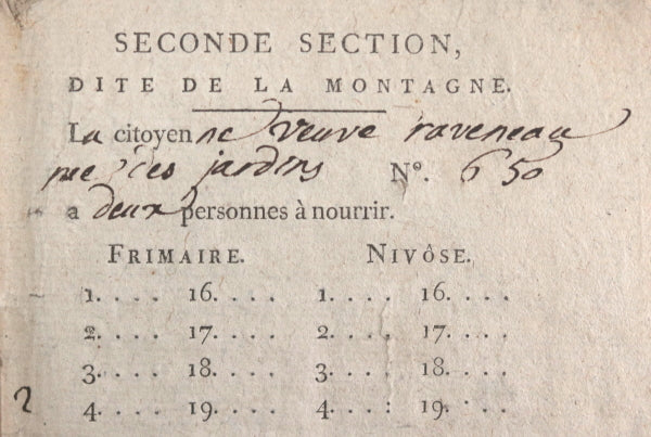 1794 Paris Révolution Section Montagne carnet de nourriture pour veuve