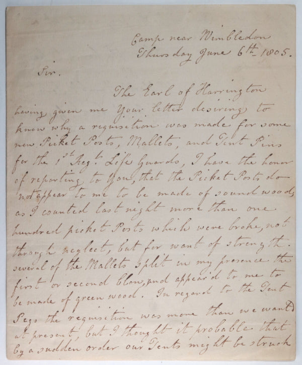 1805 UK Camp at Wimbledon, supplies for 1st Regt Life Guards