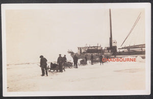 c. 1920s Canada photo unloading ship stuck in winter ice