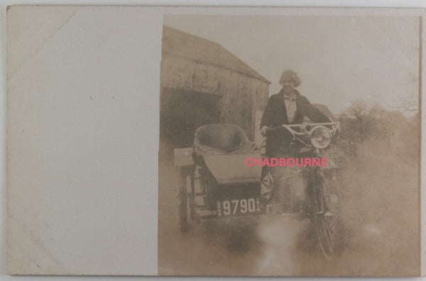 1914 USA Connecticut photo postcard woman Indian motorcycle and sidecar