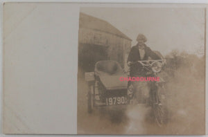 1914 USA Connecticut photo postcard woman Indian motorcycle and sidecar