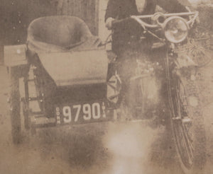 1914 USA Connecticut photo postcard woman Indian motorcycle and sidecar