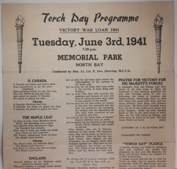 1941 WW2 Canada Torch Day Programme North Bay Ontario