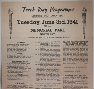 1941 WW2 Canada Torch Day Programme North Bay Ontario