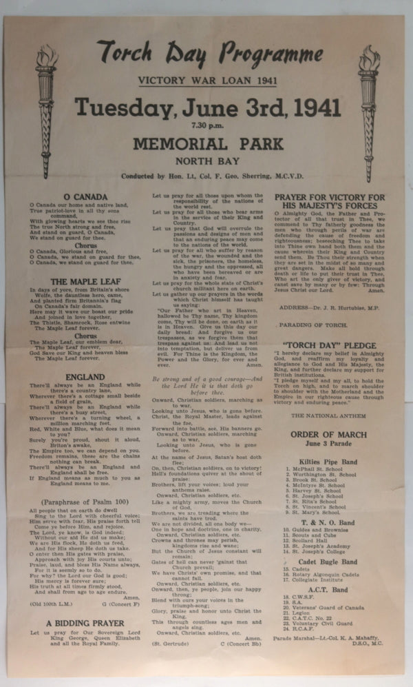 1941 WW2 Canada Torch Day Programme North Bay Ontario