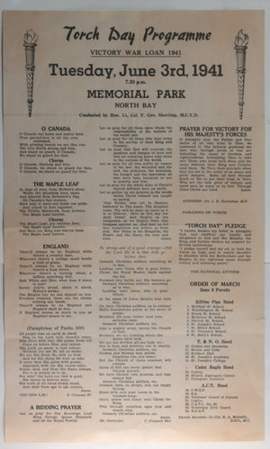 1941 WW2 Canada Torch Day Programme North Bay Ontario