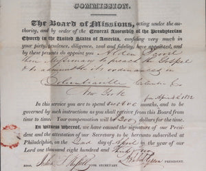 1832 USA Philadelphia letter appointment of missionary in NY state