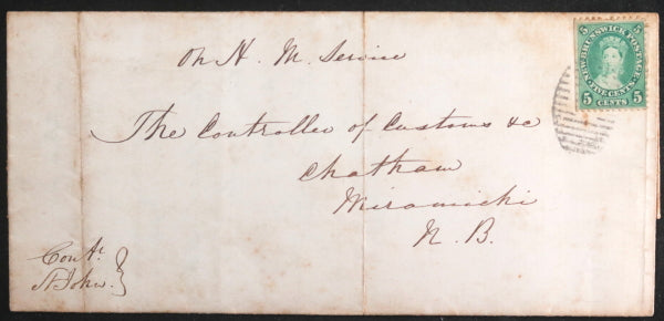 1867 Canada NB letter Confederation Customs goods to USA. N.B stamp 