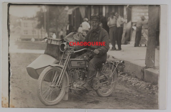 c. 1915 USA WI postcard photo Harley Davidson motorcycle delivery man