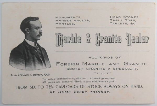 c. 1907 Canada Sutton QC trade card McClarty marble dealer + Dog
