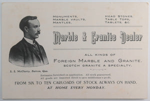 c. 1907 Canada Sutton QC trade card McClarty marble dealer + Dog