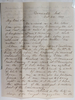 1859 USA letter, Methodist scandal Indiana University Bloomington IN