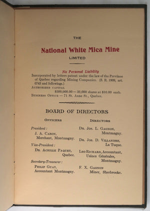 c. 1920 Canada Quebec bound prospectus for National White Mica Mine